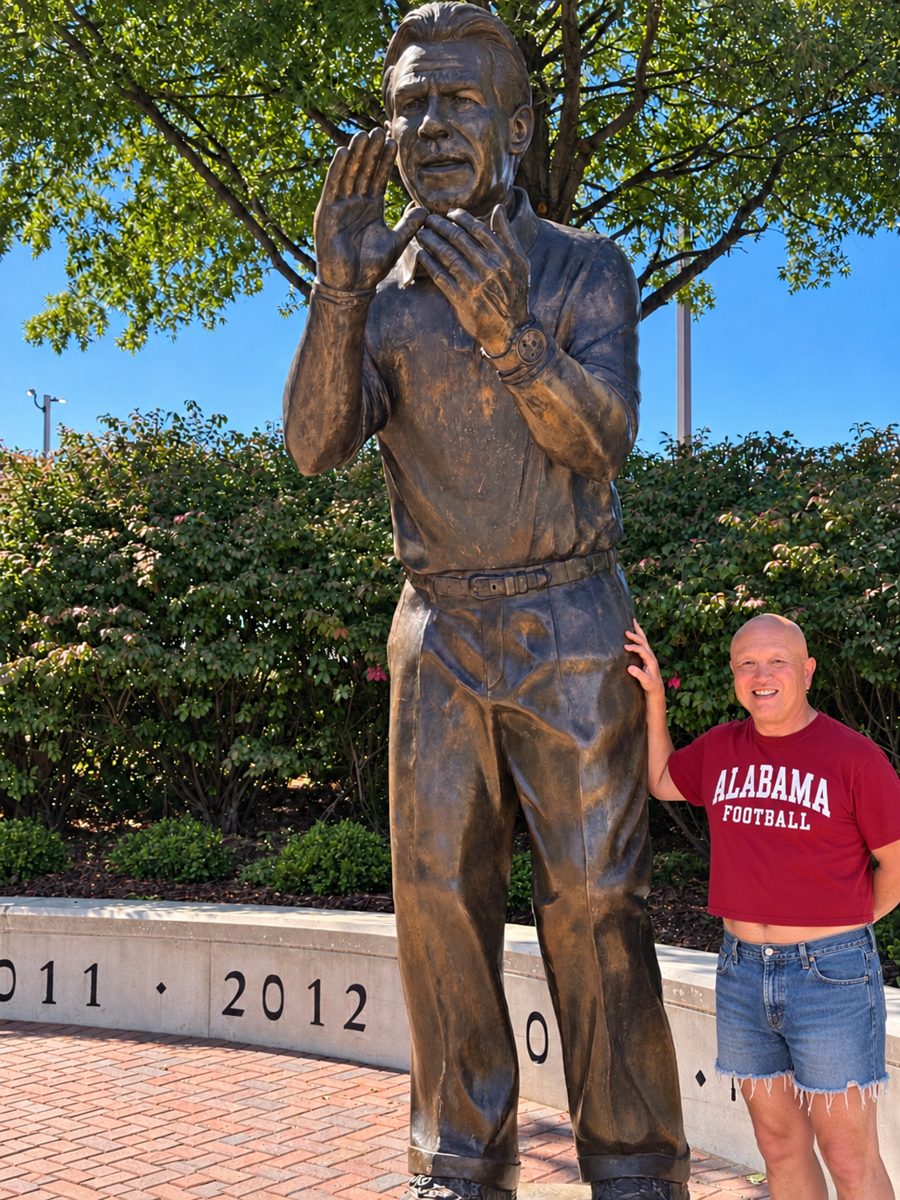 Canadian visitor Lenny Wong posing beside the Nick Saban statue on the Walk of Champions in an Alabama Football crop top and cutoff jean shorts